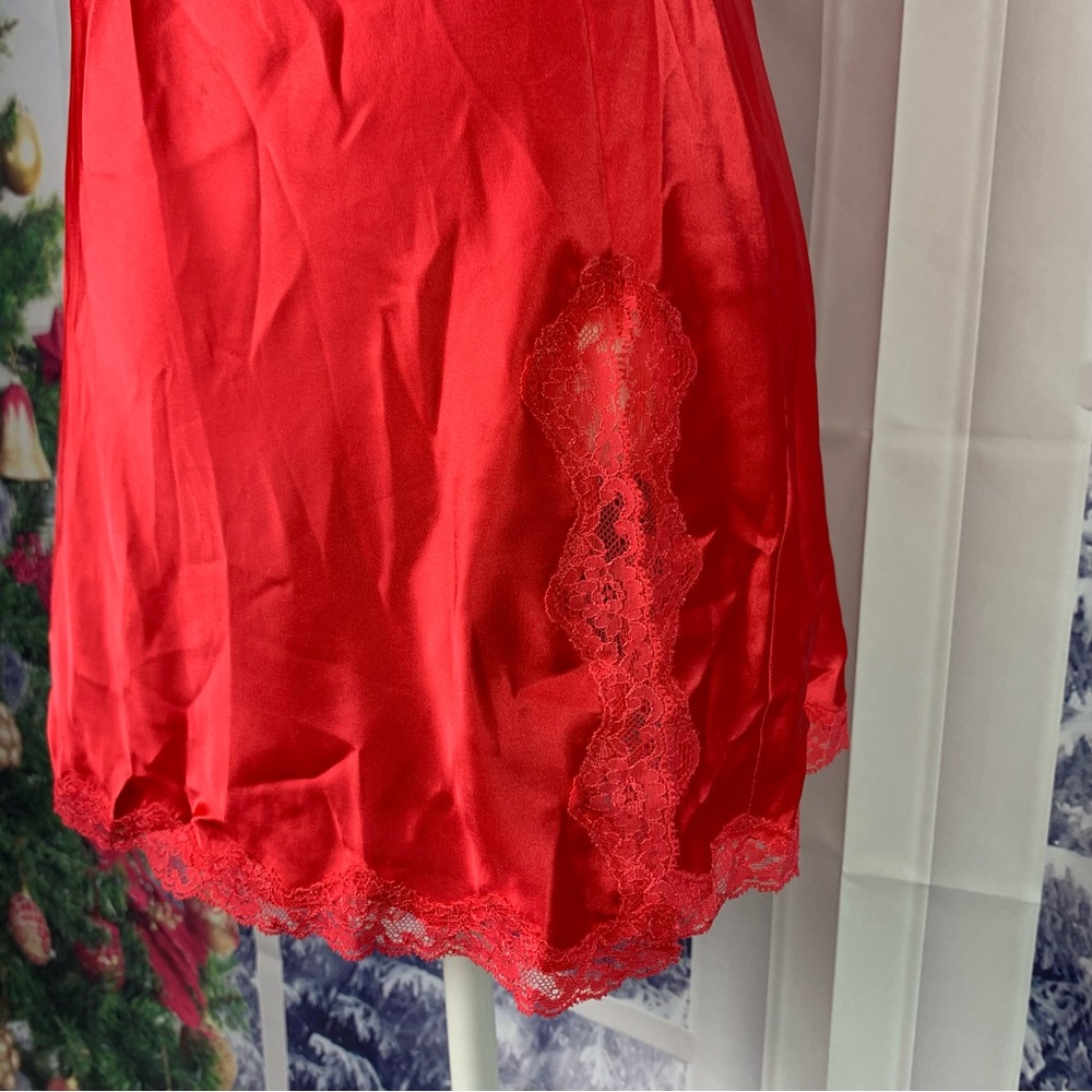 Victoria’s Secret Red Satin Lace Accent Split Babydoll Slip Dress Nightgown - Picture 9 of 14